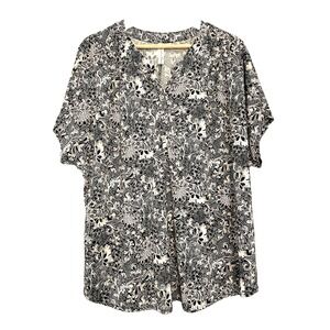 PerSeption Women's Plus 3X‎ Black Floral Short Sleeve Blouse Button V-Neck Top